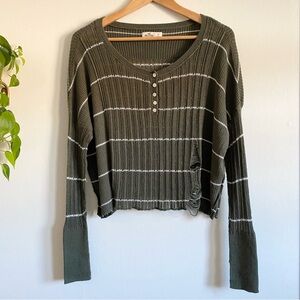 Hollister Olive Stripe Distressed Knit Sweater